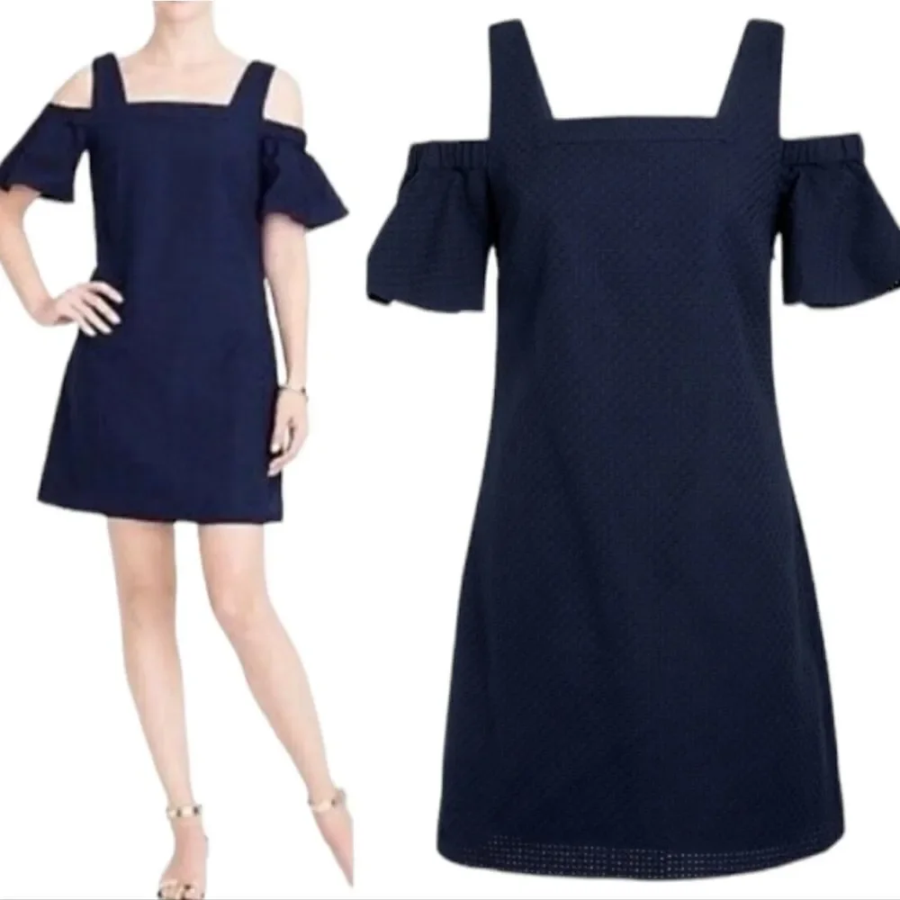 NEW‎ J CREW dress navy blue cold shoulder basket weave shift M